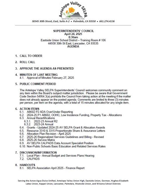 Superintendents' Council Agenda click to view